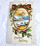 Postcard Christmas Greetings Embossed Snow Scene Holly 1909 Calligraphy