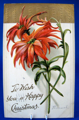 Poinsettia Happy Christmas Postcard Embossed Gold 1910 Postmarked Michigan