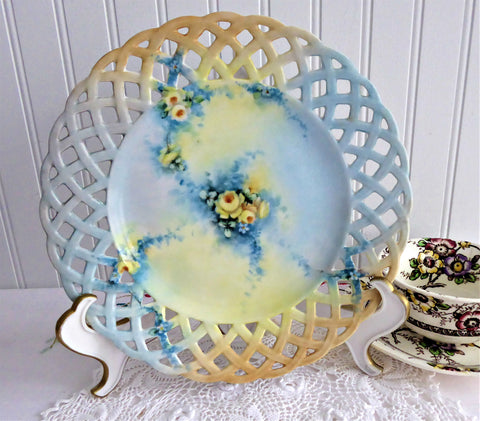 Plate Hand Painted Roses Forget Me Nots 1910s Artistan Blue Thru Apricot Reticulated