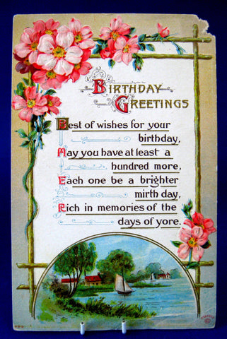 Birthday Greetings Postcard 1910 Sailboat Roses Poem Ephemera Greeting Card