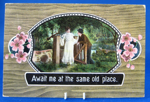 Antique Romance Postcard Await Me At The Same Place 1910 Couple At Gate New York