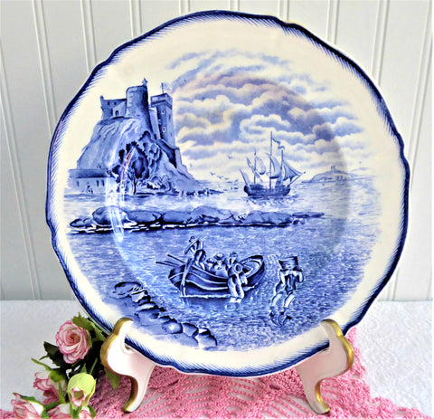 Galleon Marine Landscape Blue Transferware Plate Steventon UK 1910s Sailing Ship