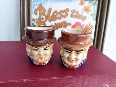 Pair Toothpick Holders Miniature Toby Character Jugs 1910s Japan Dining Gadget