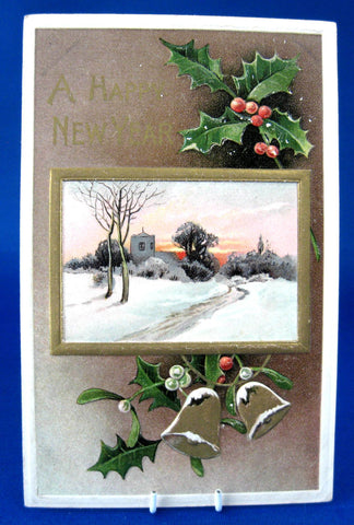 Happy New Year 1913 Embossed Postcard Davidson Snowy Church Maine