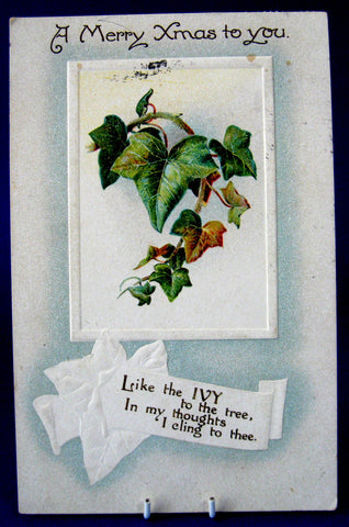 B.B. London Christmas Postcard Merry Xmas Postcard 1914 Embossed Ivy Poem