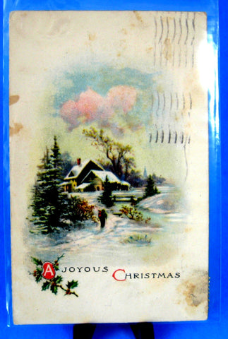 Postcard A Joyous Christmas Cottage Snow Scene 1916 Printed USA New York Divided
