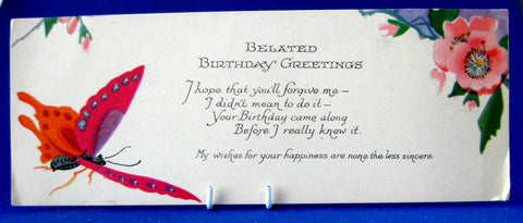 Antique Gift Tag Belated Birthday Greetings Butterfly Card 1920s Poem Ephemera