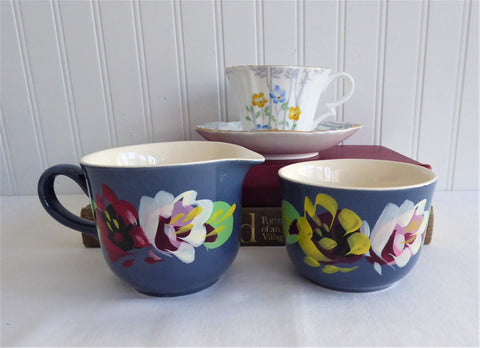 Cream And Sugar Blue Hand Painted Floral England Biltons 1920s English Pottery