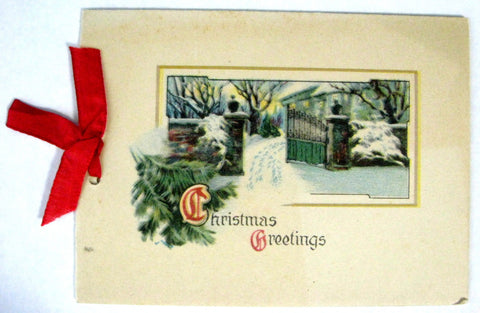 Christmas Card Red Ribbon Snowy Gate Scene Poem 1920-1930s Booklet Ephemera