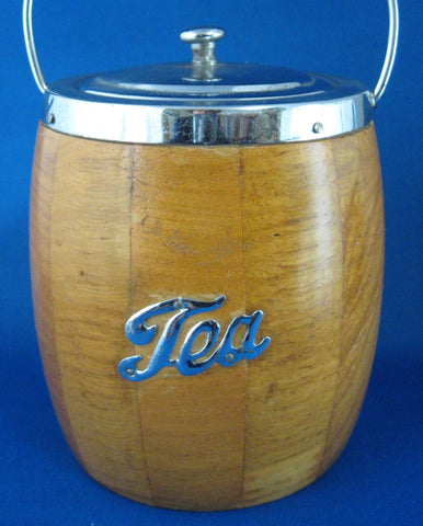 English Tea Caddy Vintage Oak Barrel Porcelain Liner 1940s TEA on Chrome