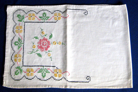 Long Embroidered Dresser Scarf 1920s Linen 40 Inches Cross Stitch Roses Runner Vanity Item Long Embroidered Dresser Scarf 1920s Linen 40 Inches Cross Stitch Roses Runner Vanity Item