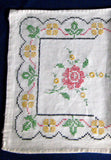 Long Embroidered Dresser Scarf 1920s Linen 40 Inches Cross Stitch Roses Runner Vanity Item