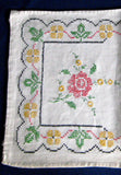 Long Embroidered Dresser Scarf 1920s Linen 40 Inches Cross Stitch Roses Runner Vanity Item