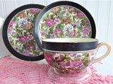 Ivory Chintz Cup And Saucer With Plate 1920s Flowers Birds Black Bands Crown Ducal