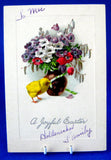 A Joyful Easter Embossed Gift Card Tag Chick Flower Bouquet 1920s Ephemera