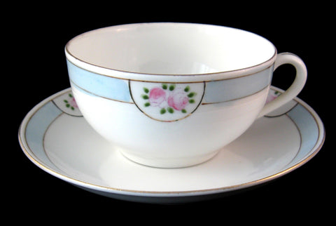 Sweet Cup And Saucer Noritake Antique 1918 Pink Rosebuds Blue Bands Eggshell Porcelain