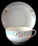 Sweet Cup And Saucer Noritake Antique 1918 Pink Rosebuds Blue Bands Eggshell Porcelain