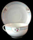 Sweet Cup And Saucer Noritake Antique 1918 Pink Rosebuds Blue Bands Eggshell Porcelain