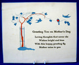 Mothers Day Gift Card Antique Poem Tree Blue Birds 1920s Greeting Card