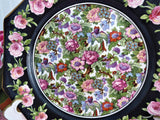 Roseland Chintz Octagon Lunch Plate 1930s Roses Black Bands Flowers Birds Crown Ducal