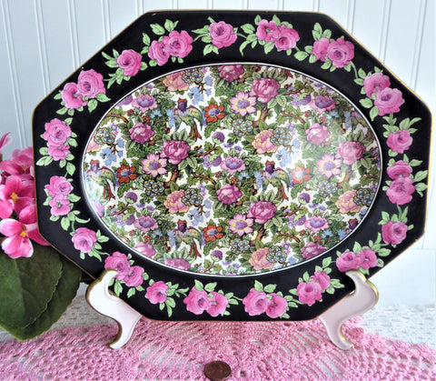 Roseland Chintz Platter 11 Inches 1930s Roses Black Bands Flowers Birds Crown Ducal