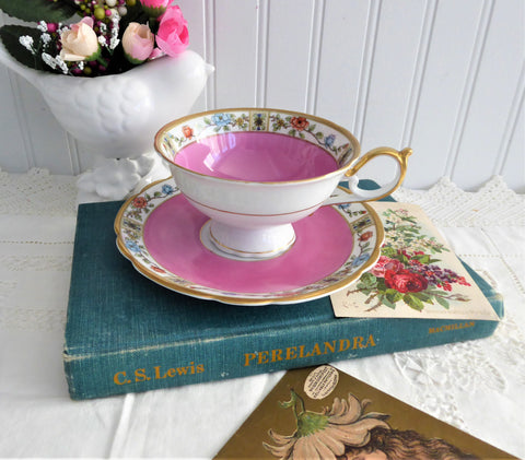 Hot Pink Cup And Saucer Bayreuther Floral Borders 1920s Royal Bayreuth Bavaria