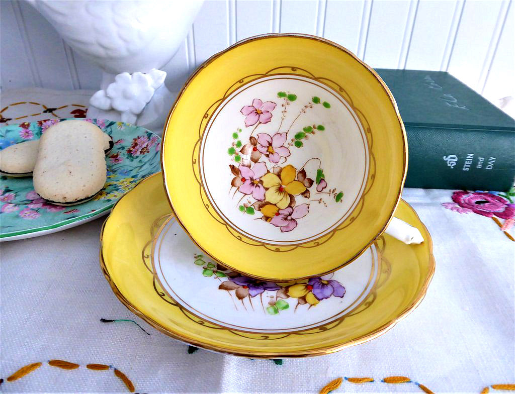Cheery Yellow Floral Cup And Saucer Tuscan Enamel Accents On Transfer