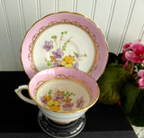 Pretty Pink Floral Cup And Saucer Tuscan Enamel Accents On Transfer 1920s Bone China
