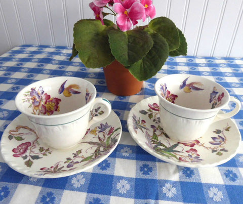 Swallow Wedgwood Cup And Saucer Pair Polychrome Transferware 1920s Cream Ware
