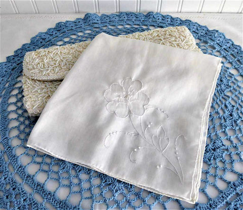 Vintage Handkerchief Hand Embroidered Floral White Hand Made Rolled Hems Hanky