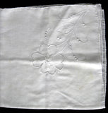 Vintage Handkerchief Hand Embroidered Floral White Hand Made Rolled Hems Hanky