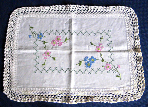 Tea Tray Cloth Embroidered Centerpiece Doily 1920s Cross Stitch Flowers Vanity