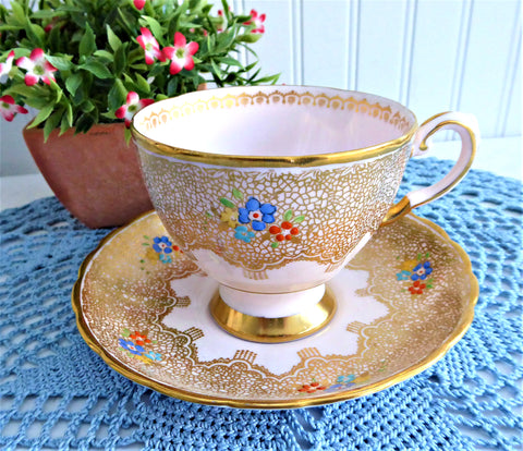 Elegant Pink Cup And Saucer Tuscan Enamel Accents Gold Lace 1920s Bone –  Antiques And Teacups
