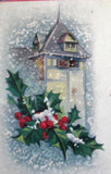 Antique Christmas Postcard Yuletide Wishes Snow Window Holly Oroville, CA 1923