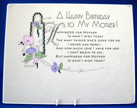 Antique Art Deco Happy Birthday Mother Gift Card 1925 Lovely Poem AM Davis