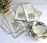 Napkins 10 Madeira Linen Embroidered Floral Tan Dinner Napkins 1930s