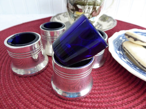 English Open Salts Cobalt Blue Glass Liners Silver Plate Set Of Four Art Deco 1920-1930s