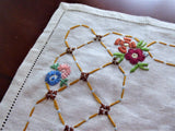 English Tray Cloth Linen Hand Made Embroidered Multi Color Floral 1930s Rectangular