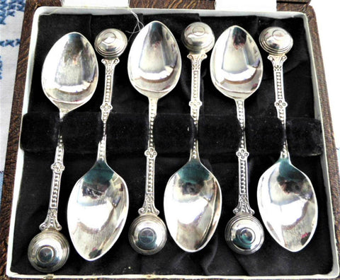 Lawn Bowling Ball English Silver Spoons 6 Boxed Demitasse Spoons 1930s Art Deco
