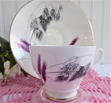 Fall Grasses Cup And Saucer 1930s English Bone China Black Pink
