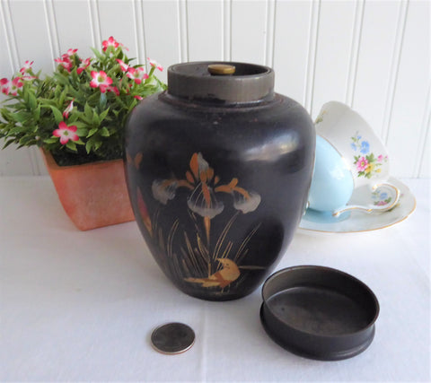 Vintage Hand Painted Tea Caddy Canister Japanese Lacquerware 1930s Interior lid Iris Bird