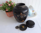 Vintage Hand Painted Tea Caddy Canister Japanese Lacquerware 1930s Interior lid Iris Bird