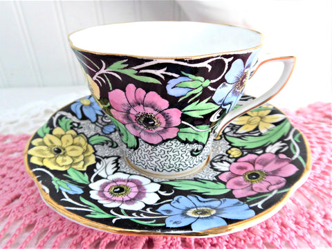 Dramatic Rosina Floral Cup And Saucer Hand Colored 1930s Black and Chintz Bands