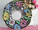 Dramatic Rosina Floral Cup And Saucer Hand Colored 1930s Black and Chintz Bands