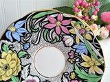 Dramatic Rosina Floral Cup And Saucer Hand Colored 1930s Black and Chintz Bands