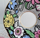 Dramatic Rosina Floral Cup And Saucer Hand Colored 1930s Black and Chintz Bands