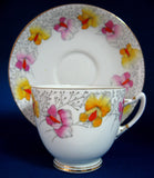 Roslyn Art Deco Tea Cup And Saucer Sweet Pea Pink Yellow Hand Painted 1930s