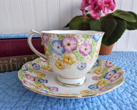 Art Deco Royal Albert Floral Enamel Dots Tea Cup And Saucer Hand Colored On Transfer 1930s