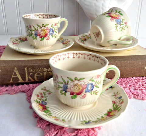 3 Royal Doulton Medford Demitasse Cups And Saucers Creamware 1930s Hand Colored