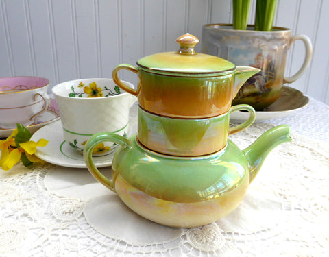 Teapot Royal Winton Grimwades Stacking Luster Ware 4 Pc 1940s Peach to Green